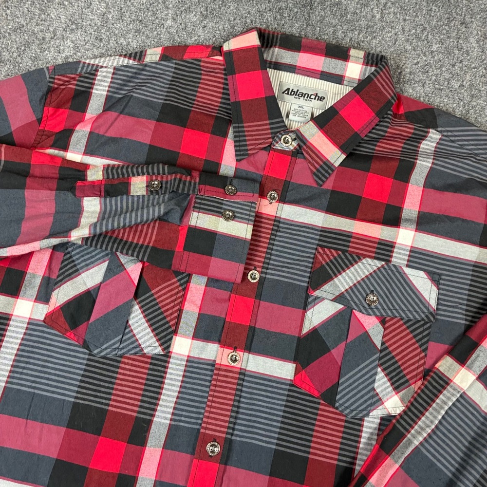 Ablanche New York Mens 3XL Plaid Button Down Shirt Red Grey Black Long Sleeve